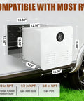 Road Warrior Tankless Water Heater Packing 55000 Btu dimensions showing size compatibility with RVs for easy installation.