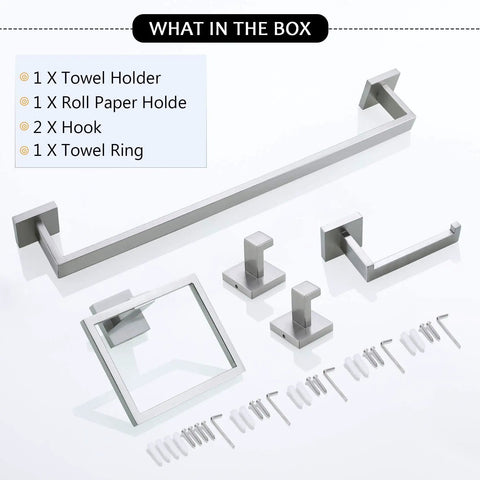 Five Piece Brushed Nickel Towel Bar Set For Modern Bathrooms Stainless Steel Wall Mounted 23.6 Inch Square Hardware Kit