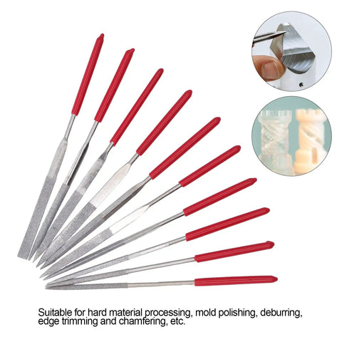 Diamond Needle File Set With Rubber Handles, 10 Pcs 120 Grit Grinding Trimming Files Kit, various shapes with red handles