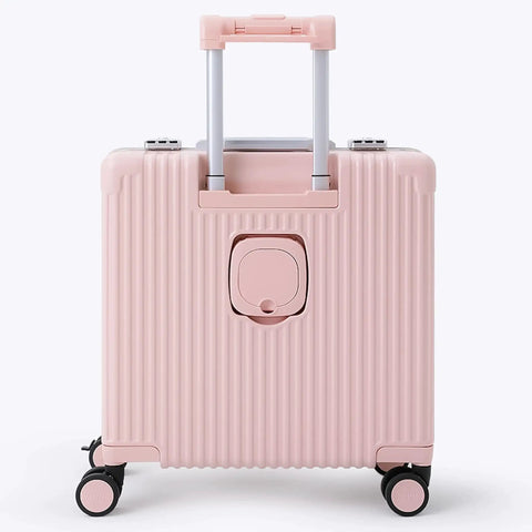 Back view of blush All In One Carry On Mini 19 Inch Smart Hardside Luggage With USB C Charging Front Laptop Compartment Cup And Phone Holder TSA Locks 360 Degree Wheels Grab And Go Ready Fits Overhead Bins