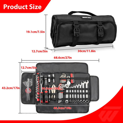 64 Piece Motorcycle Tool Kit With Roll Pouch For Harley Davidson And All Models Built To Tackle Any Trail Or Street Ride displayed.