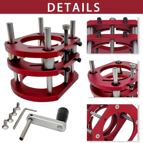 Heavy Duty Router Lift With Precision Table Insert Plate, showing detailed aluminum construction and adjustable features.