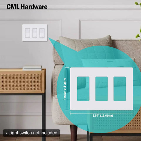 3 Gang Screwless Decorator Wall Plates 2 Pack Slick Flush Mount Light Switch Covers For Outlets With Hidden Screws, shown in room setting.