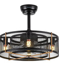20 Inch Farmhouse Ceiling Fan With Lights Remote Control Black Industrial Cage Style Dope Reversible Motor Quiet Performance 3 Speed Settings Ideal For Living Room Bedroom Kitchen Dining Room seen from below showing exposed Edison bulbs and black cage design