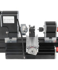 BTSEURY 12VDC Micro Lathe Machine showing precision motor, tailstock, and belt guard for wood and metal turning.