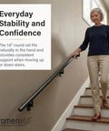 Woman using Slick Flush Satin Black Handrail Kit, 2ft Indoor Outdoor Stair Railing, Modern 1.6 Inch Round Aluminum Railing With Satin Anodized Finish