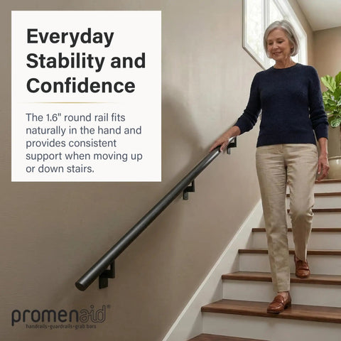 Woman using Slick Flush Satin Black Handrail Kit, 2ft Indoor Outdoor Stair Railing, Modern 1.6 Inch Round Aluminum Railing With Satin Anodized Finish