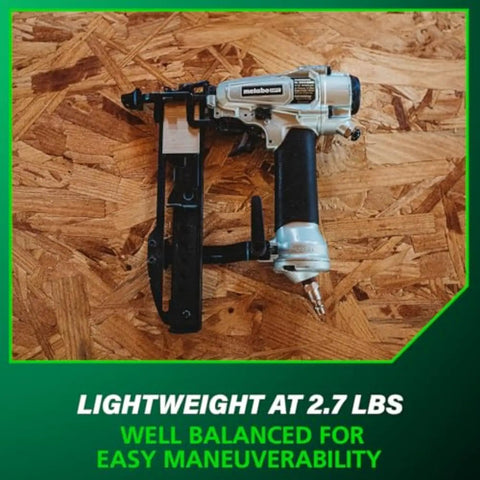 Pro Grade Finish Stapler For Trim And Furniture, 18 Gauge Pneumatic Nailer With 1/4 Inch Crown Staples on wood surface