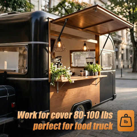 Heavy Duty 20 Inch Gas Struts 100 Lb Lift Support Dual Side T Bracket All Steel Gas Shocks For Food Truck RV Bed and Heavy Lid Set Of 2 canvas food truck awning support with wooden counter.