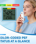 Digital Peak Flow Meter For Home Use With Clear Digital Readout FEV1 And PEF Respiratory Monitor For No Fuss Easy Asthma And COPD Checks Quick Accurate Readings And User Friendly For Everyday Use, woman using handheld digital peak flow meter