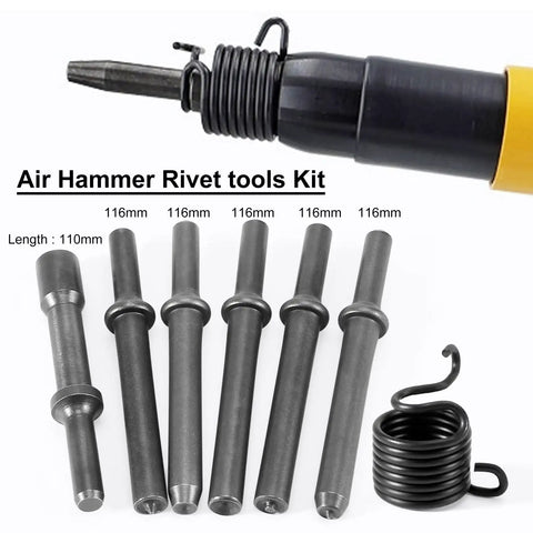Heavy Duty 7 Piece Pneumatic Air Rivet Hammer Kit With 6 Durable Steel Chisels And Nuts For Smooth Metal Shaping Jobs Perfect For Solid Half Hollow And Hollow Riveting Tasks In Any Workshop Setting, 110mm chisels