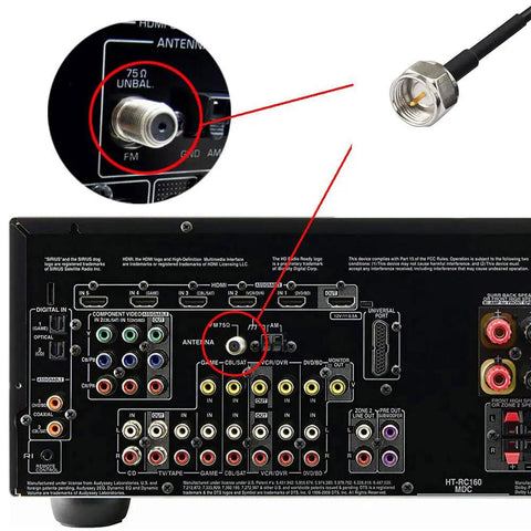 Back view of audio receiver with coaxial cable for Magnetic Base FM Antenna For Indoor Home Stereo Receivers With Bluetooth That Actually Boosts FM Radio Reception Compatible With Pioneer Onkyo Yamaha Marantz Sherwood Tuner And AV Systems Easy Install Digital HD Radio.