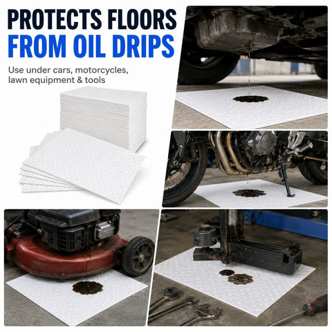150 Pack Oil Absorbent Pads For Oil Spills And Drips, Polypropylene Oil Only Absorbent Sheets in use under vehicles