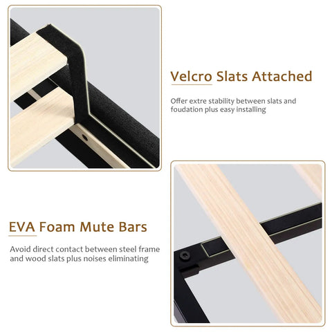 Close-up of Velcro slats and EVA foam mute bars on Queen Size Platform Bed Frame With Button Tufted Wingback Headboard, Black Upholstered Bedroom Staple.