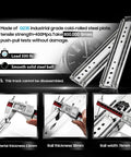 Rock Solid Side Mount Ball Bearing Drawer Slides Heavy Duty Full Extension 58 Inch Industrial Rail Set with measuring tools.