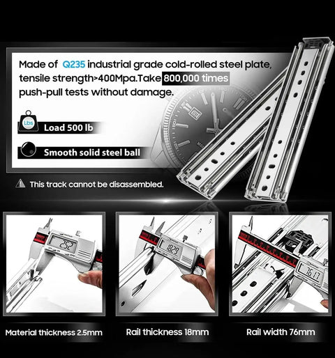 Rock Solid Side Mount Ball Bearing Drawer Slides Heavy Duty Full Extension 58 Inch Industrial Rail Set with measuring tools.