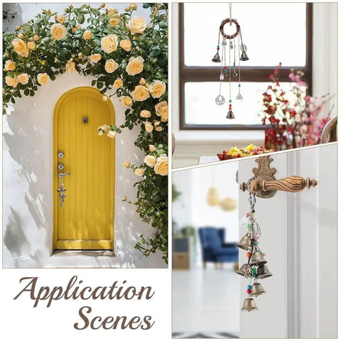 108 Piece DIY Witch Bell Kit For Protection And Home Decor shown on a yellow door and indoors with hanging bells and ornaments.