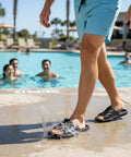 Person wearing Drainage Holes Shower Slippers With Quick Drying Sole For Men And Women Open Toe Bath Shoes Soft Cushioned Footbed Ultra Comfy For Home Gym Pool And Spa Black 44.45 by poolside.