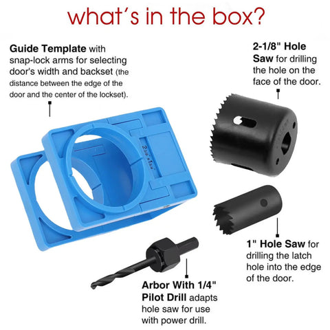 Get That Mortise Done Fast With This Premium Door Lock Installation Kit Featuring Auto Positioning For Precise Scoring And Chiseling On Wooden Doors To Make Your Job Easier. blue ABS guide template, 2-1/8 and 1 inch hole saws
