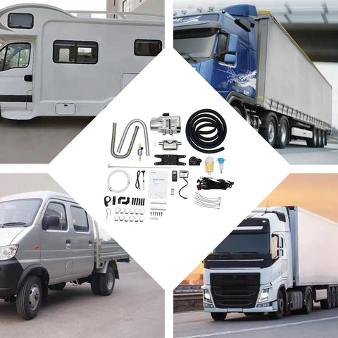 12V 5000W Diesel Cabin Heater Complete Kit With Efficient Air Ducting And Remote Control For Rv Vans And Trucks Delivering Quiet Bangin Heat On The Go with components shown