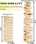 Giant Wooden Tumbling Tower 5.3 Feet Tall With 60 Premium Pieces showing stacking height options of 2.4 Ft and over 5.3 Ft.