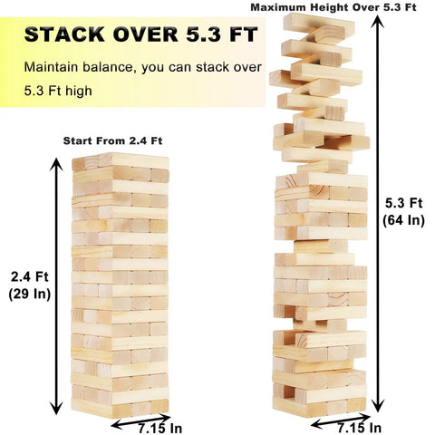 Giant Wooden Tumbling Tower 5.3 Feet Tall With 60 Premium Pieces showing stacking height options of 2.4 Ft and over 5.3 Ft.