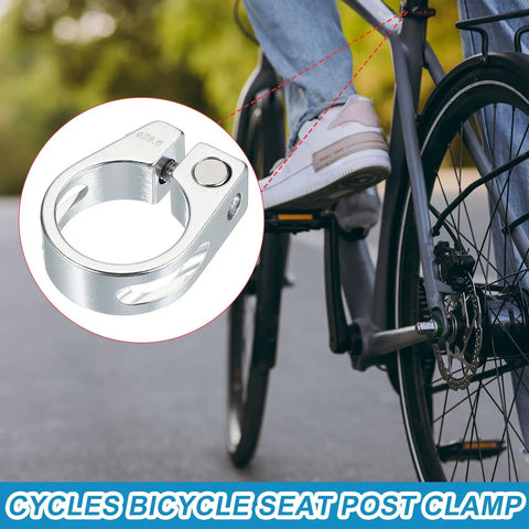 28.6mm Aluminum Bike Seat Post Clamp Quick Release for Mountain, Road, Track, and Folding Bikes shown with cyclist leg