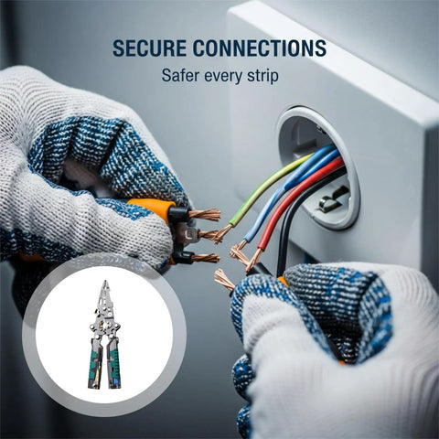 Hands using 2 Pack Foldable Wire Stripper With Built In Voltage Tester, 13 In 1 Multi Function Electrician Pliers to connect wires.