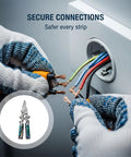 Hands using 2 Pack Foldable Wire Strippers With Built In Voltage Tester on multicolored wires for electrical connections.