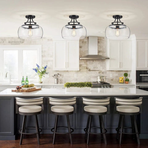 Rustic Farmhouse Industrial Round Ceiling Light Fixture With Clear Glass Shades LED Chandelier For Bathroom Kitchen Foyer And Entry Semi Flush Mount Black Finish E26 Base 11.8 Inches High By 13.4 Inches Wide Non Dimmable Edison Bulb