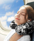 Barber Shop Style U Shaped Travel Neck Pillow With Ergonomic Neck Support on a woman resting in an airplane seat