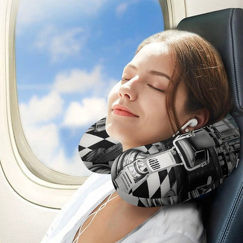 Barber Shop Style U Shaped Travel Neck Pillow With Ergonomic Neck Support on a woman resting in an airplane seat