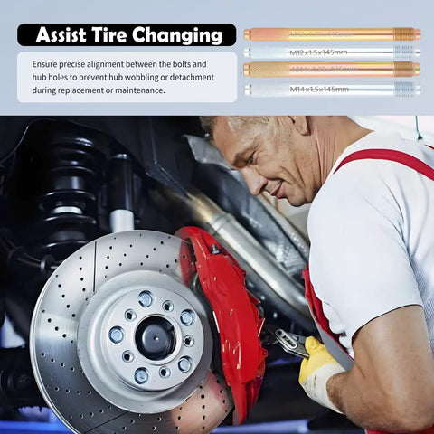 Mechanic using 8 Piece Wheel Alignment Tool Kit with Lug Bolts for Tire Changing, brake disc focus, garage setting.