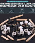 Furniture Connecting Hardware Kit With Cam Locks Dowel Pins And Pre Inserted Nuts And Screws 120 Piece displayed on black surface
