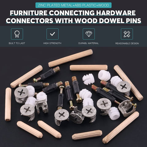 Furniture Connecting Hardware Kit With Cam Locks Dowel Pins And Pre Inserted Nuts And Screws 120 Piece displayed on black surface