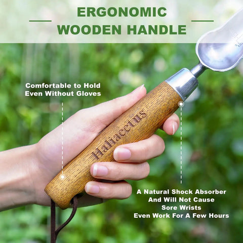 Pro Grade Seeding Widger With 6 Inch Scale, wooden handle close-up, ergonomic design for comfortable use while transplanting.