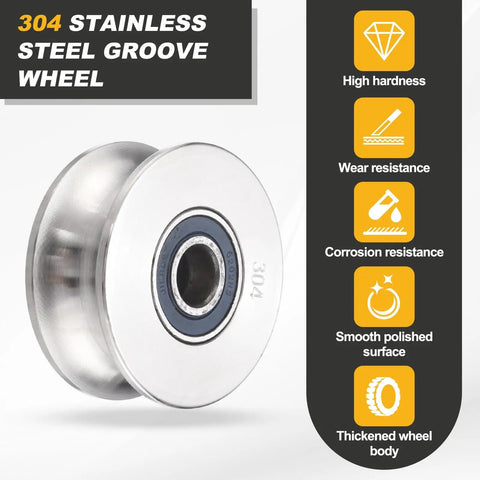 Heavy Duty U Groove Pulley Wheel Forged From Solid 304 Stainless Steel With 10mm Bore 68mm OD And 9.5mm Width showing polished surface and bearing.