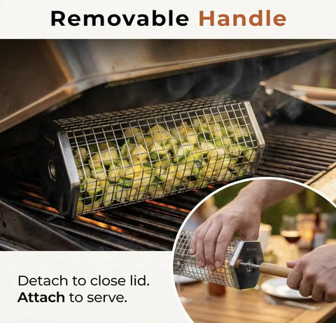 Two Pack Rolling Grill Basket For Even Cooking With Lid And Removable Wooden Handle shown grilling vegetables on BBQ.