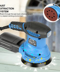 Beefy 4.9 Inch Random Orbital Sander Corded Power Tool With Full 20 Piece Sandpaper Roll Kit showing dust extraction system and sander design.