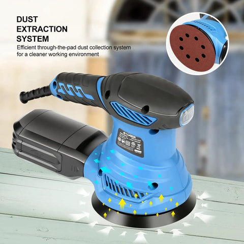 Beefy 4.9 Inch Random Orbital Sander Corded Power Tool With Full 20 Piece Sandpaper Roll Kit showing dust extraction system and sander design.
