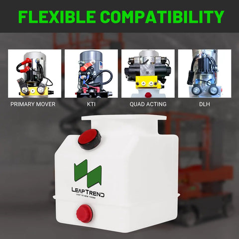 4 Quart Poly Power Unit Hydraulic Fluid Reservoir Tank For Heavy Duty Hydraulic Systems That Fit Dump Trucks, Trailers, RVs, Boats With 4 Inch Round Opening And 4 Inch Square Bolt Pattern, shown with flexible compatibility options