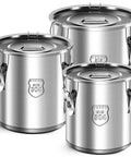 Stack It High With Heavy Duty 304 Stainless Steel Airtight Canisters 3 Pack with slam lock clamps, 12L, 21L, 33L size.