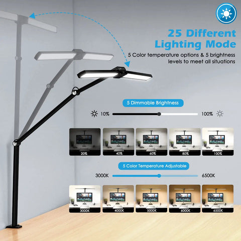 Double Head LED Desk Lamp For Home Office With Auto Dimming And Timer, 24W Bright Architect Task Light, Dimmable With 25 Lighting Modes