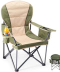 Foldable Camping Chair With Cup Holder, Non Slip Feet, Rock Solid, Heavy Duty Portable Collapsible Lawn Chair For Hiking, Beach And Sports, Thick 300D Oxford, 500 Lb Capacity, Green. Chair shown unfolded with drink in cup holder.