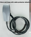 Tough EV Charger Cable Guard Sleeve With Quick Hook And Loop Wrap attached to a Tesla charger for easy storage.