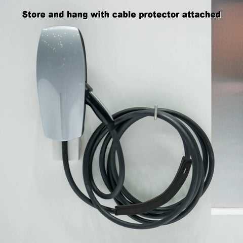 Tough EV Charger Cable Guard Sleeve With Quick Hook And Loop Wrap attached to a Tesla charger for easy storage.