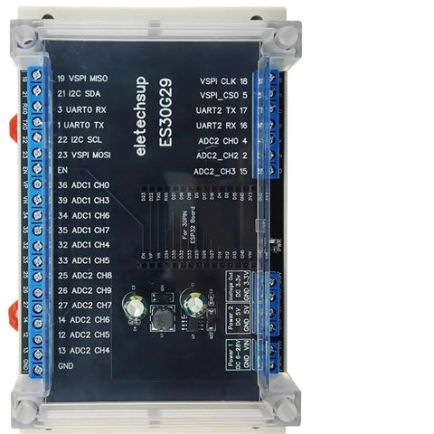 ESP32 Devkit V1 Expansion Board With 30 Pin Header For DIN Rail Mount Universal 35mm TH35 Rail black PCB with screw terminals