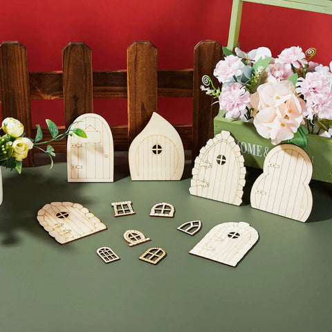 DIY Fairy House Kit 48 Pcs Unfinished Wood Doors And Windows For Miniature Garden Decor shown with floral backdrop.