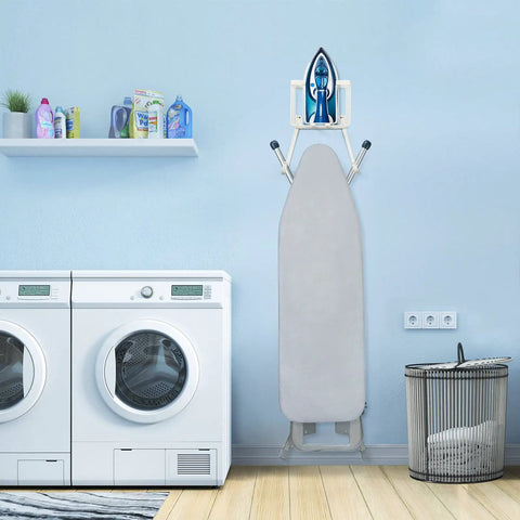 Over The Door And Wall Mount Ironing Board Hanger White Laundry Room Organizer Caddy For Iron And Board Storage Holds Most T Leg And V Leg Boards Snap In Easy On Doors Or Wall Keeps Your Laundry Space Neat And Ready displayed in laundry room