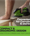 Cordless 24V Mouse Detail Sander With 11,000 OPM Orbit in use for woodworking on narrow board, showcasing ergonomic design